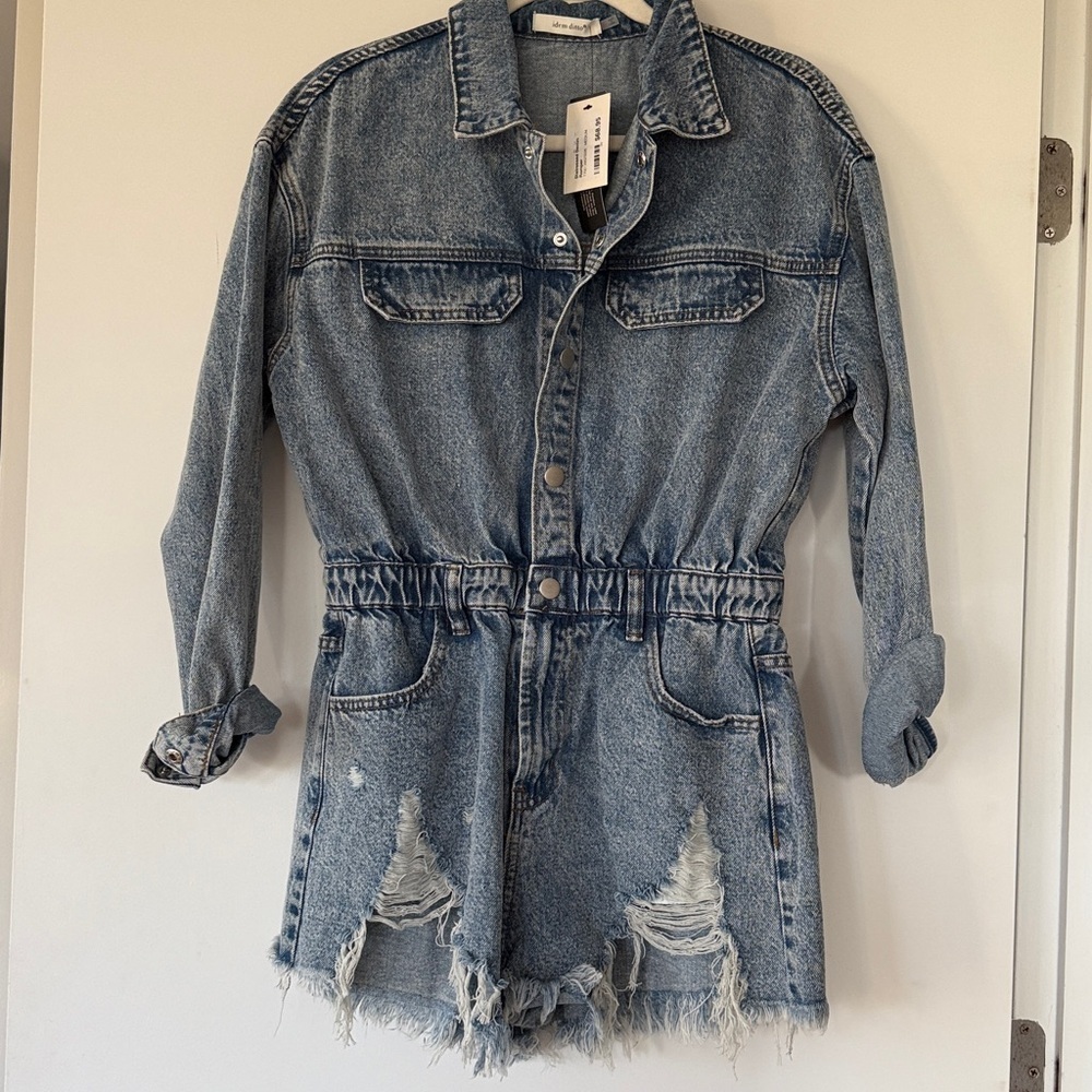 .idem ditto Denim Distressed Women’s Long Sleeve Romper in Vintage Blue Sz M NWT - Picture 2 of 12